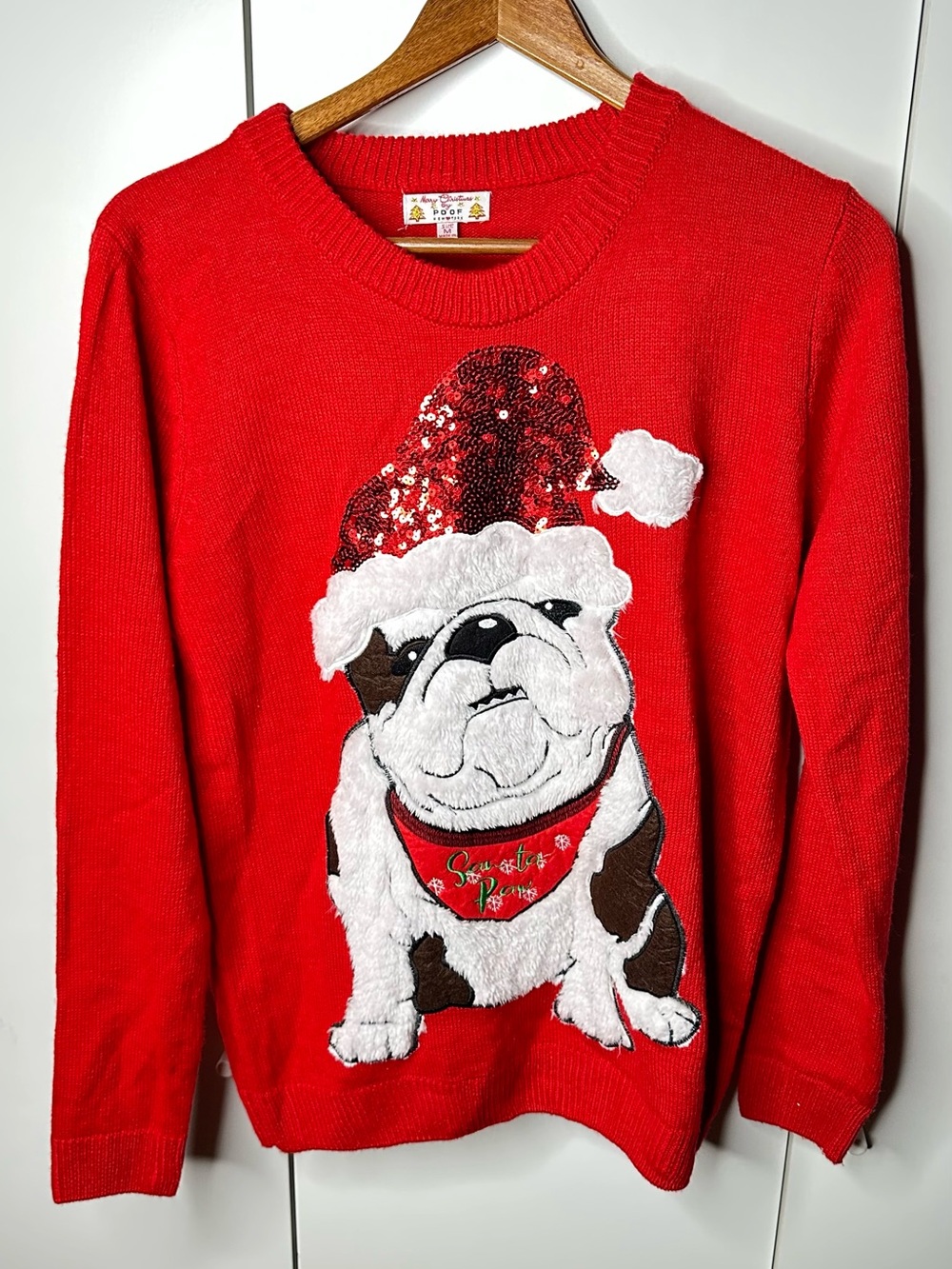 POOF Christmas Bulldog Ugly Christmas Sweater Red Sequin Santa Dog Size M